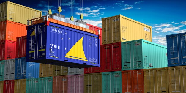 Foto container de carga com bandeira de tokelau em gancho de guindaste ilustração 3d