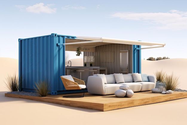 Container de transporte como casa modular no deserto Vivendo no conceito de casa de contêiner de transporte