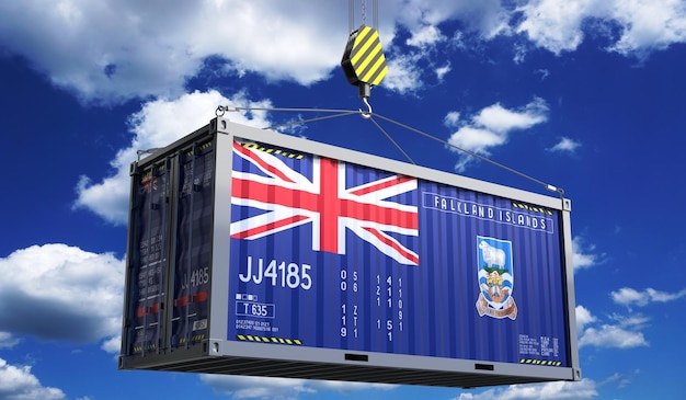 Container de transporte de mercadorias com a bandeira nacional das Ilhas Malvinas pendurado no gancho do guindaste ilustração 3D