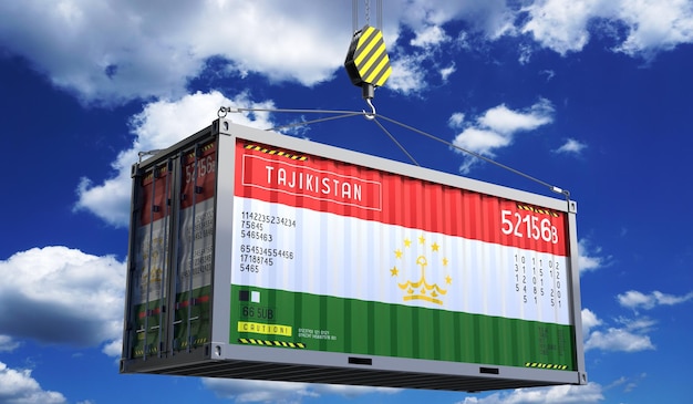 Container de transporte de mercadorias com a bandeira nacional do Tajiquistão pendurado no gancho do guindaste ilustração 3D