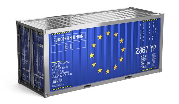 Container de transporte de mercadorias com bandeira da União Europeia em ilustração 3D de fundo branco