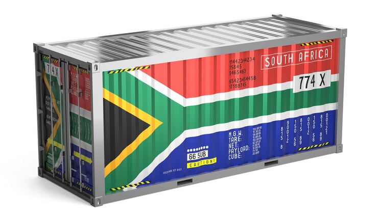 Foto container de transporte de mercadorias com bandeira nacional da áfrica do sul em fundo branco ilustração 3d