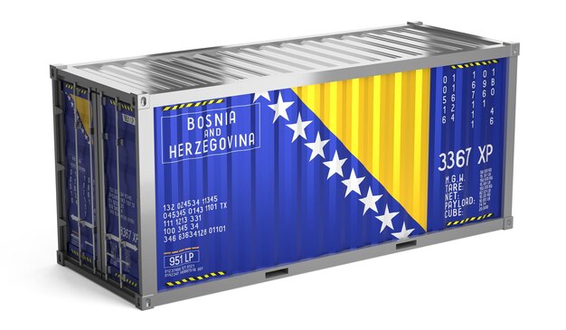 Container de transporte de mercadorias com bandeira nacional da Bósnia e Herzegovina em ilustração 3D de fundo branco