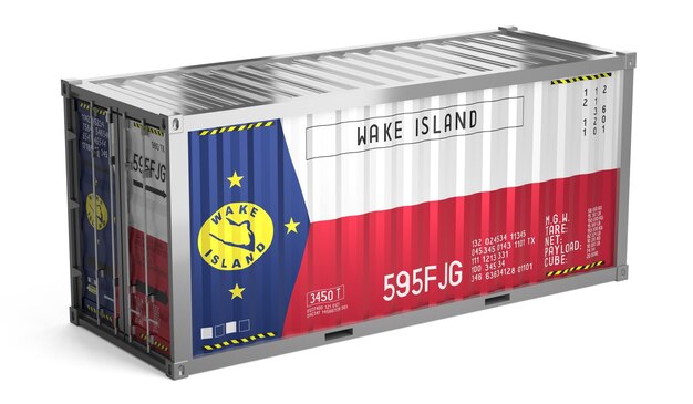 Container de transporte de mercadorias com bandeira nacional da Ilha Wake em fundo branco ilustração 3D