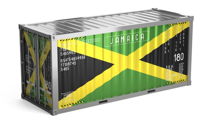 Foto container de transporte de mercadorias com bandeira nacional da jamaica em ilustração 3d de fundo branco