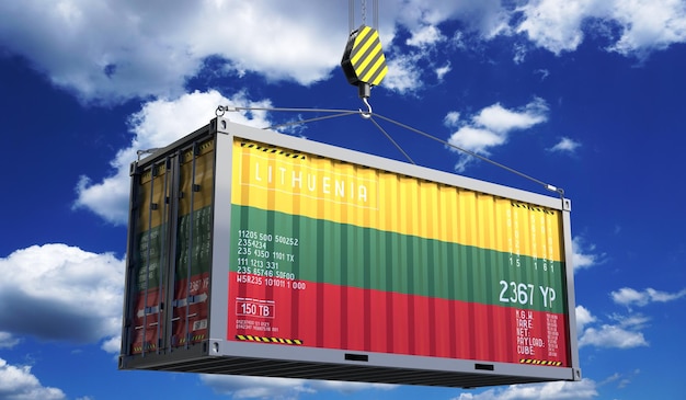 Container de transporte de mercadorias com bandeira nacional da Lituânia pendurado no gancho do guindaste ilustração 3D