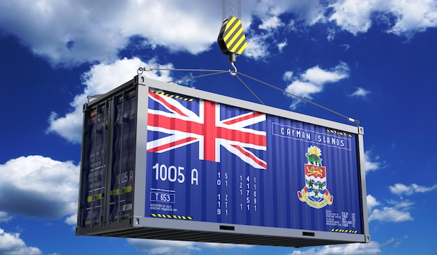 Container de transporte de mercadorias com bandeira nacional das Ilhas Cayman pendurado em gancho de guindaste ilustração 3D