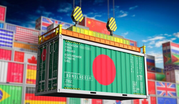 Container de transporte de mercadorias com bandeira nacional de Bangladesh ilustração 3D