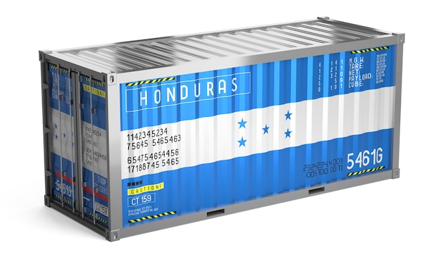 Container de transporte de mercadorias com bandeira nacional de Honduras em ilustração 3D de fundo branco