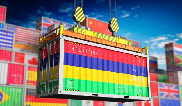 Container de transporte de mercadorias com bandeira nacional de Maurício ilustração 3D