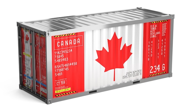 Container de transporte de mercadorias com bandeira nacional do Canadá em ilustração 3D de fundo branco