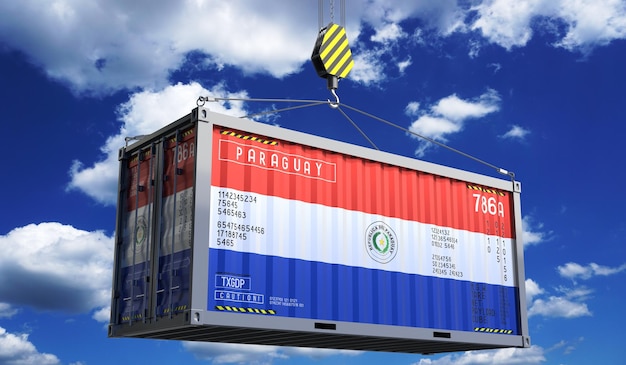 Container de transporte de mercadorias com bandeira nacional do Paraguai pendurado em gancho de guindaste ilustração 3D