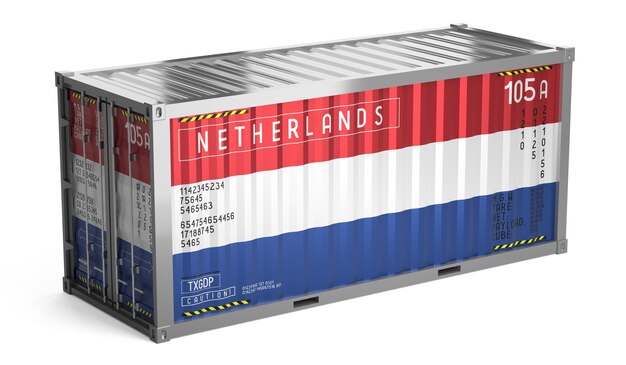Container de transporte de mercadorias com bandeira nacional dos Países Baixos em ilustração 3D de fundo branco