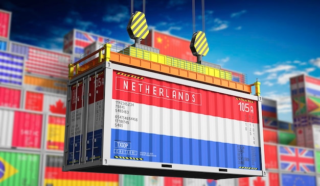 Container de transporte de mercadorias com bandeira nacional dos Países Baixos ilustração 3D