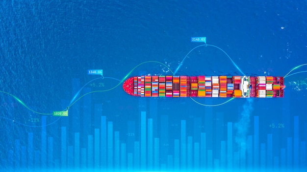 Container-Frachtschiff Global Business Logistik Import Export Frachtschifffahrt Container-Frachtschiff-Analyse Big-Data-Visualisierung abstrakte grafische Grafik und Diagramminformationen Geschäft