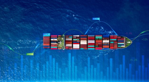 Container-Frachtschiff Global Business Logistik Import Export Frachtschifffahrt Container-Frachtschiff-Analyse Big-Data-Visualisierung abstrakte grafische Grafik und Diagramminformationen Geschäft