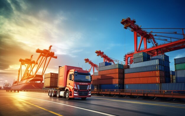 Container-LKW im Schiffshafen für Geschäftslogistik und Transport von Container-Frachtschiffen