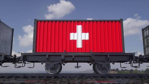 Container mit der Flagge der Schweiz Bahntransport 3D-Darstellung