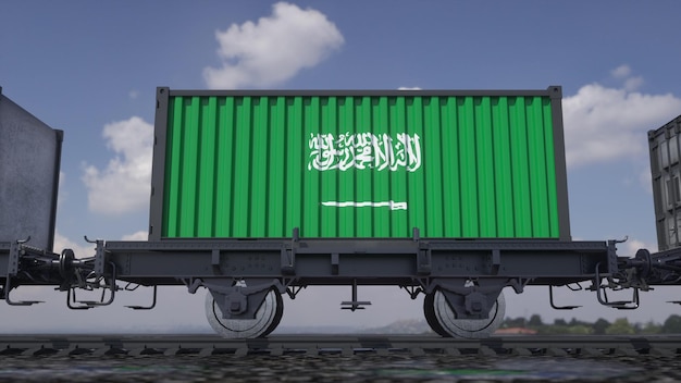 Container mit der Flagge Saudi-Arabiens Eisenbahntransport 3D-Darstellung