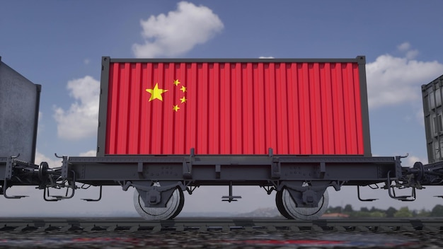 Container mit der Flagge von China Bahntransport 3D-Darstellung