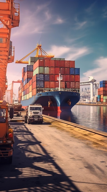 Containerboxen in Frachtschiffen und Industriehafenkränen