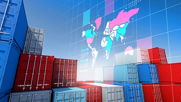 Containerfracht für Import-Export-Geschäft und digitales Weltkartendiagramm, 3D-Rendering