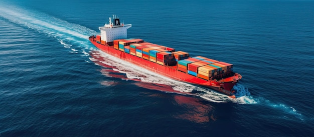 Containerfrachtschiff, das sich von oben über den Ozean bewegt, mit leerem Platz für Text als