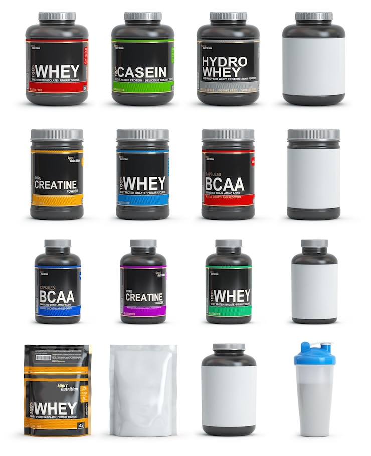 Foto containers de nutrição desportiva conjunto de modelos de frascos e embalagens de diferentes tipos de whey bcaa e creatina