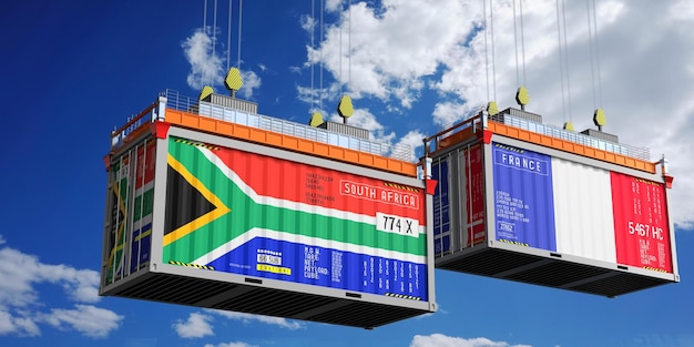 Containers de transporte com bandeiras da África do Sul e da França Ilustração 3D