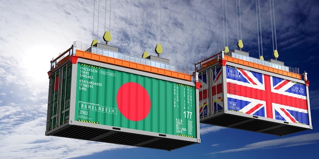 Containers de transporte com bandeiras de Bangladesh e Reino Unido ilustração 3D