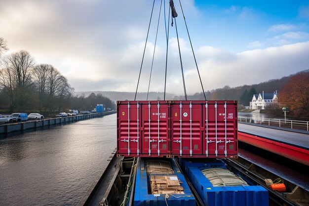 Foto containers de transporte sendo carregados em barcaça