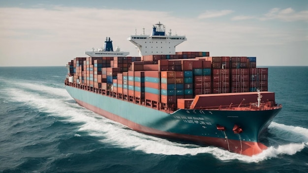 Foto containerschiff auf dem ozean oder frachtverkehr logistikkonzept