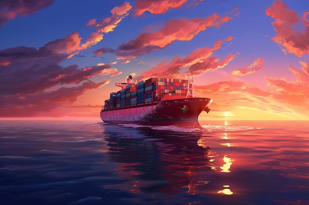 Containerschiff auf hoher See bei Sonnenuntergang