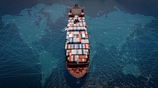Containerschiff im Import Export globales Geschäft weltweit Logistik und Transport Containerschiff Entladen Frachtschiff Luftbild Container Frachtschiff Frachtschiff Luftbild Containerschiff