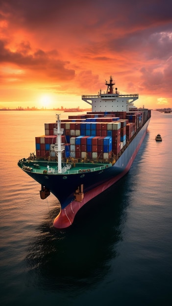 Containerschiff im Meer bei Sonnenuntergang
