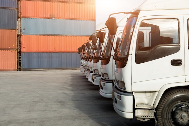 Containerwagen im Depot am Hafen. Logistikimport-Exporthintergrund und Transportindustriekonzept.