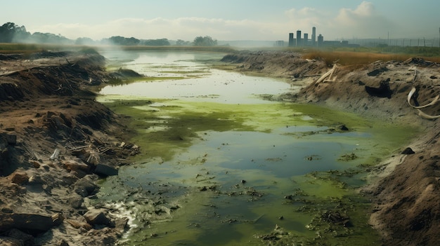 Contaminação do lago poluído