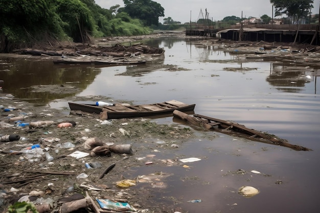 Contaminación del agua Basura en el río AI Generado