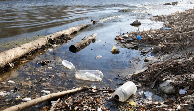 Foto en la contaminación del agua con basura en el río