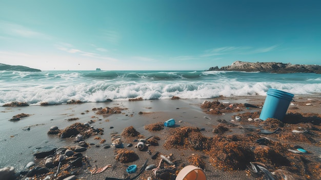 Contaminación ambiental en la playa plástico y basura.