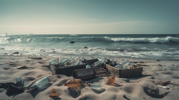 Contaminación ambiental en la playa plástico y basura.