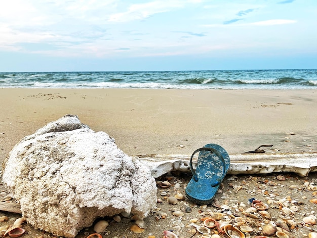 Contaminación con basura en la playa cerca del mar