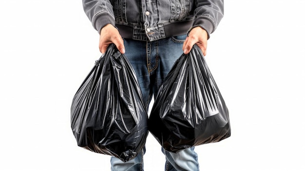 Contaminación Bolsas de basura sobre un fondo blanco cerrar una bolsa de basura en un fondo blanco recortar el caminoLas manos del hombre sosteniendo la bolsa de basuras aisladas en un fondo branco