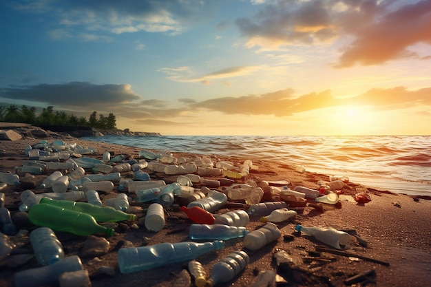 Contaminación de botellas de agua de plástico en el concepto de medio ambiente oceánico