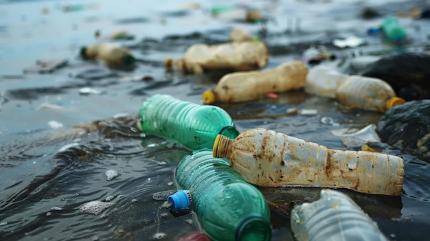 Contaminación por botellas de plástico en el océano Concepto de medio ambiente