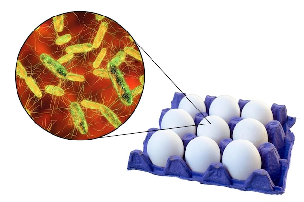 Foto contaminación de huevos con bacterias de salmonella concepto médico para la transmisión de la salmonelosis ilustración 3d