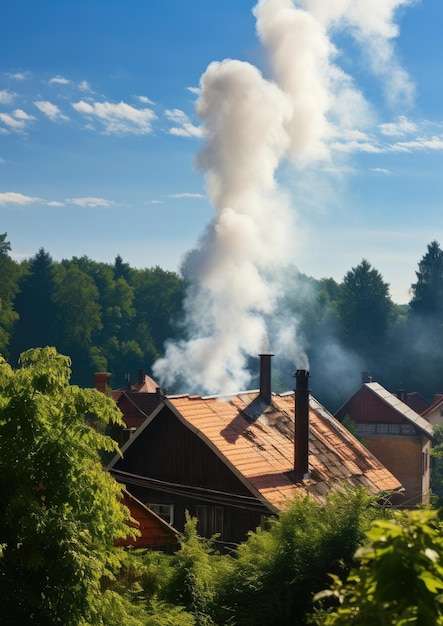 Contaminación por humo de la chimenea de la casa familiar en el pueblo de la calefacción Generativa Ai