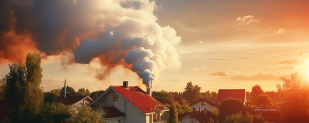 Contaminación por humo de la chimenea de la casa familiar en el pueblo de la calefacción panorama generativo Ai