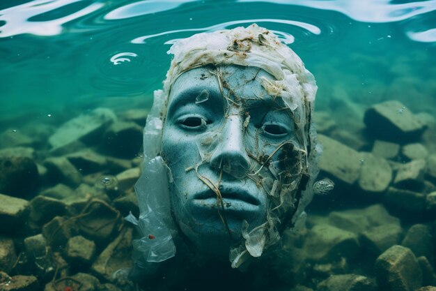 Foto contaminación del mar por aguas impuras basura y residuos plásticos residuos de máscaras y guantes en el agua