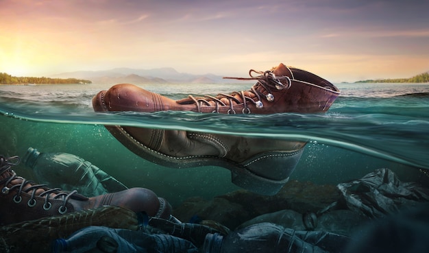 Contaminación plástica con botas de zapatos en la superficie del agua en el mar. Problema medioambiental